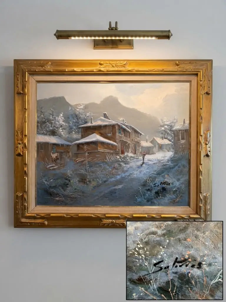 Snow-covered mountain village with this exquisite original canvas oil painting 32”x37”in